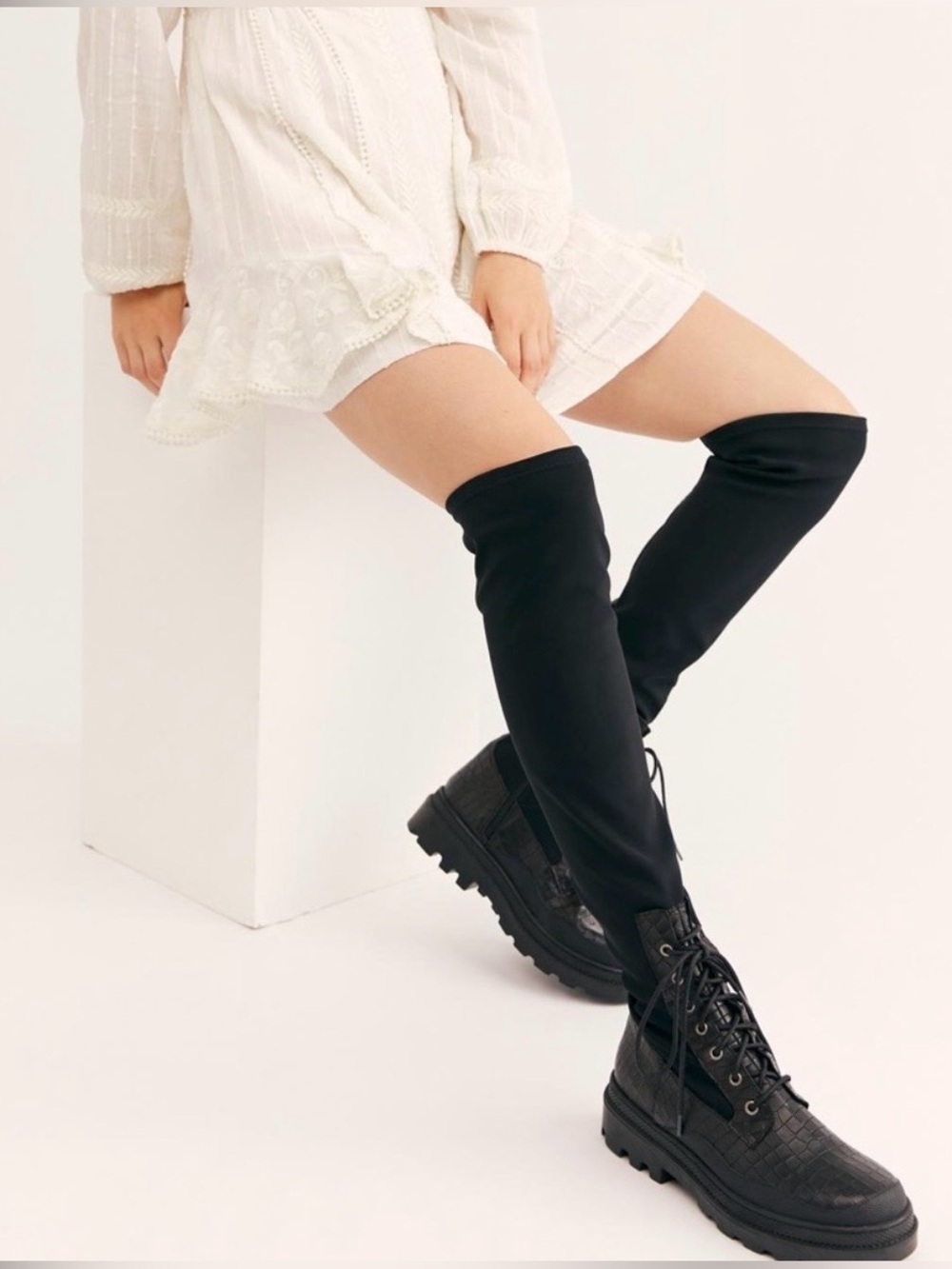 NWOT Free People Shortditch Women's Black Tall Over the Knee Leather Boot.
